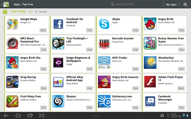 Screenshot of the Android Market from the Samsung Galaxy Tab 10.1